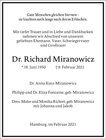 Traueranzeige von Richard Miranowicz von Frankfurter Allgemeine Zeitung