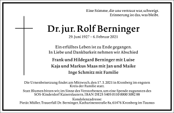 Traueranzeige von Rolf Berninger von Frankfurter Allgemeine Zeitung