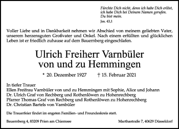 Traueranzeige von Ulrich Freiherr Varnbüler von und zu Hemmingen von Frankfurter Allgemeine Zeitung