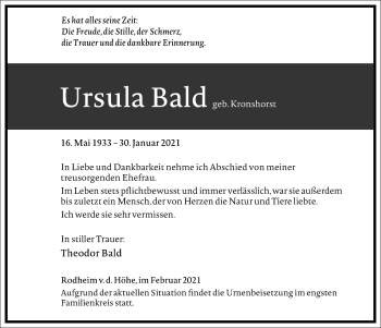 Traueranzeige von Ursula Bald von Frankfurter Allgemeine Zeitung