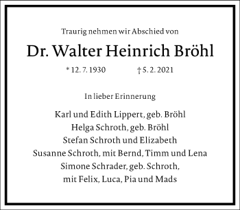 Traueranzeige von Walter Heinrich Bröhl von Frankfurter Allgemeine Zeitung