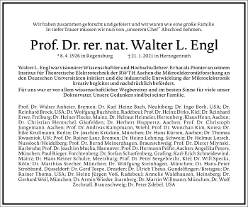 Traueranzeige von Walter L. Engl von Frankfurter Allgemeine Zeitung