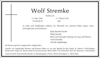 Traueranzeige von Wolf Stremke von Frankfurter Allgemeine Zeitung