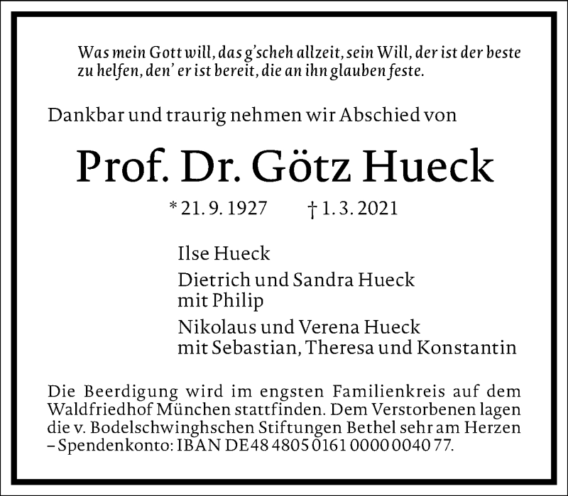  Traueranzeige für Götz Hueck vom 06.03.2021 aus Frankfurter Allgemeine Zeitung