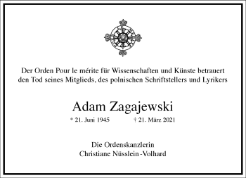 Traueranzeige von Adam Zagajewski von Frankfurter Allgemeine Zeitung