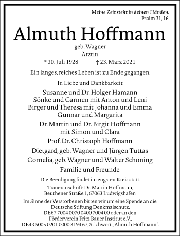 Traueranzeige von Almuth Hoffmann von Frankfurter Allgemeine Zeitung