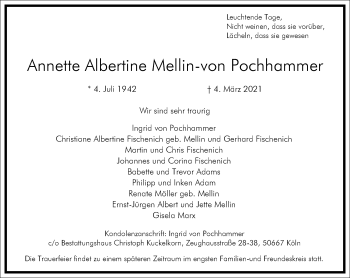 Traueranzeige von Annette Albertine Mellin-von Pochhammer Pochhammer von Frankfurter Allgemeine Zeitung