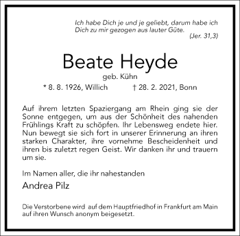 Traueranzeige von Beate Heyde von Frankfurter Allgemeine Zeitung