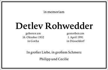 Traueranzeige von Detlev Rohwedder von Frankfurter Allgemeine Zeitung