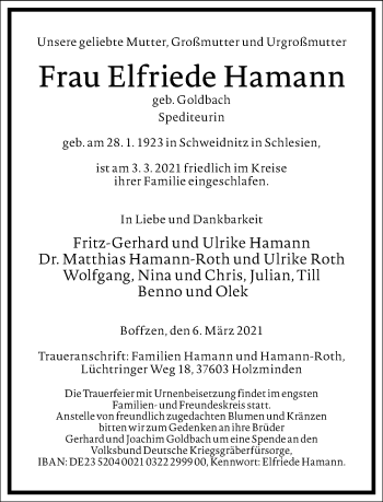 Traueranzeige von Elfriede Hamann von Frankfurter Allgemeine Zeitung