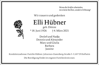 Traueranzeige von Elli Hübner von Frankfurter Allgemeine Zeitung