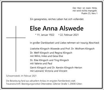 Traueranzeige von Else Anna Alswede von Frankfurter Allgemeine Zeitung