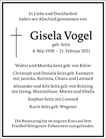 Traueranzeige von Gisela Vogel von Frankfurter Allgemeine Zeitung