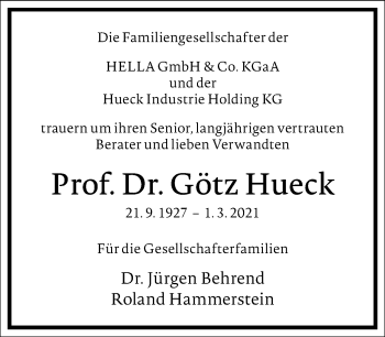 Traueranzeige von Götz Hueck von Frankfurter Allgemeine Zeitung