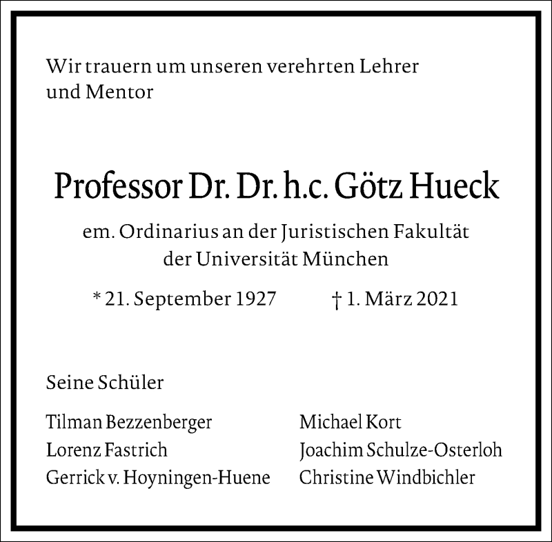  Traueranzeige für Götz Hueck vom 13.03.2021 aus Frankfurter Allgemeine Zeitung