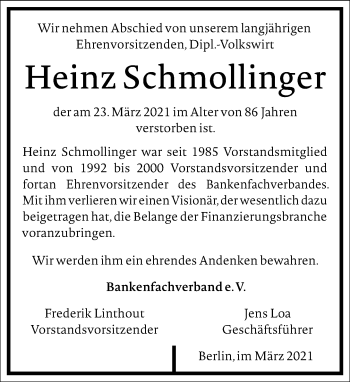 Traueranzeige von Heinz Schmollinger von Frankfurter Allgemeine Zeitung