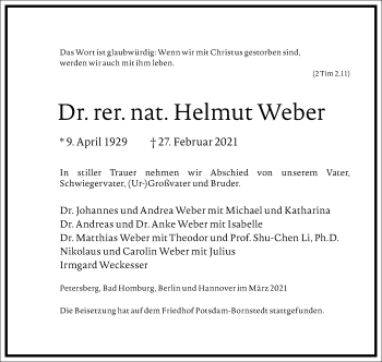 Traueranzeige von Helmut Weber von Frankfurter Allgemeine Zeitung