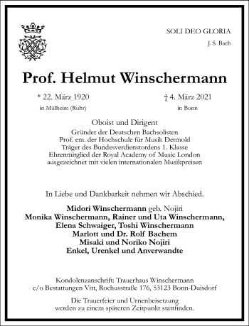 Traueranzeige von Helmut Winschermann von Frankfurter Allgemeine Zeitung