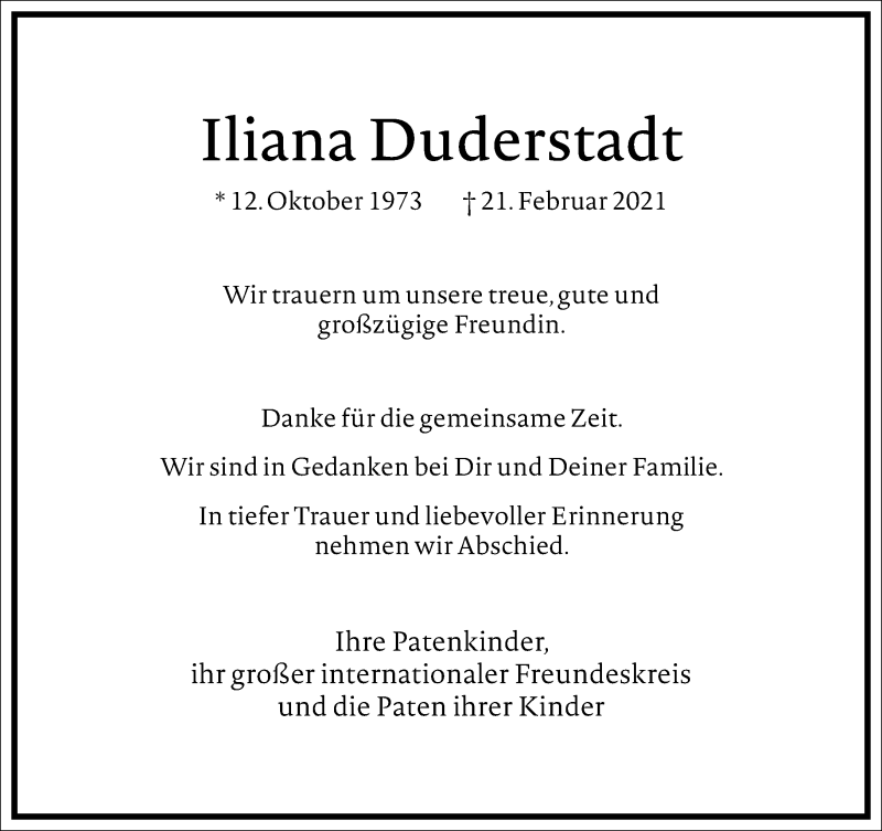  Traueranzeige für Iliana Duderstadt vom 06.03.2021 aus Frankfurter Allgemeine Zeitung