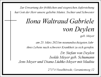 Traueranzeige von Ilona Waltraud Gabriele von Deylen von Frankfurter Allgemeine Zeitung