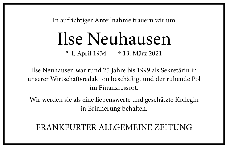 Traueranzeige für Ilse Neuhausen vom 01.04.2021 aus Frankfurter Allgemeine Zeitung
