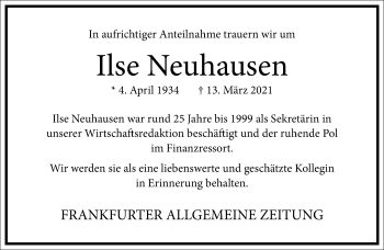 Traueranzeige von Ilse Neuhausen von Frankfurter Allgemeine Zeitung