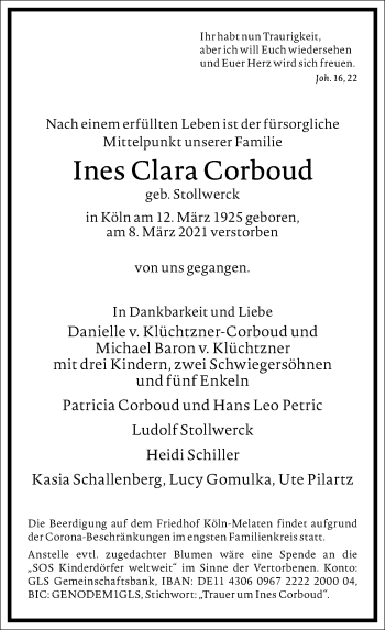 Traueranzeige von Ines Clara Corboud von Frankfurter Allgemeine Zeitung