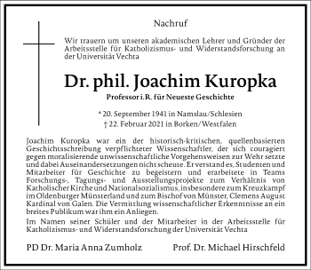 Traueranzeige von Joachim Kuropka von Frankfurter Allgemeine Zeitung