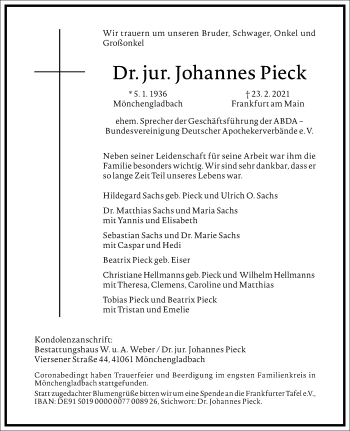 Traueranzeige von Johannes Pieck von Frankfurter Allgemeine Zeitung