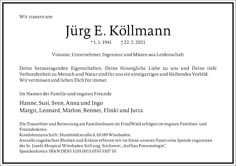  Traueranzeige für Jürg E. Köllmann vom 06.03.2021 aus Frankfurter Allgemeine Zeitung