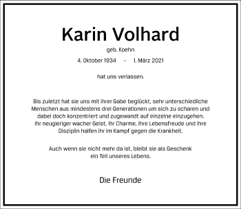 Traueranzeige von Karin Volhard von Frankfurter Allgemeine Zeitung