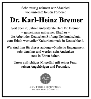 Traueranzeige von Karl-Heinz Bremer von Frankfurter Allgemeine Zeitung