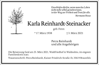 Traueranzeige von Karla Reinhardt-Steinacker von Frankfurter Allgemeine Zeitung