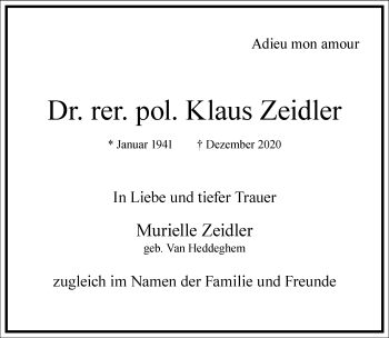 Traueranzeige von Klaus Zeidler von Frankfurter Allgemeine Zeitung