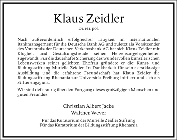 Traueranzeige von Klaus Zeidler von Frankfurter Allgemeine Zeitung