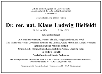 Traueranzeige von Klaus Ludwig Bielfeldt von Frankfurter Allgemeine Zeitung