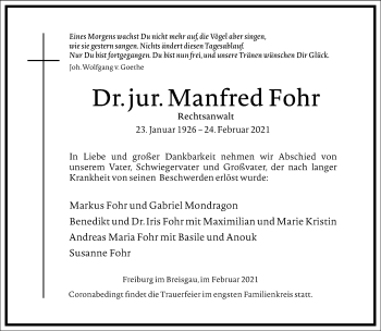 Traueranzeige von Manfred Fohr von Frankfurter Allgemeine Zeitung