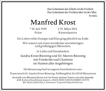 Traueranzeige von Manfred Krost von Frankfurter Allgemeine Zeitung