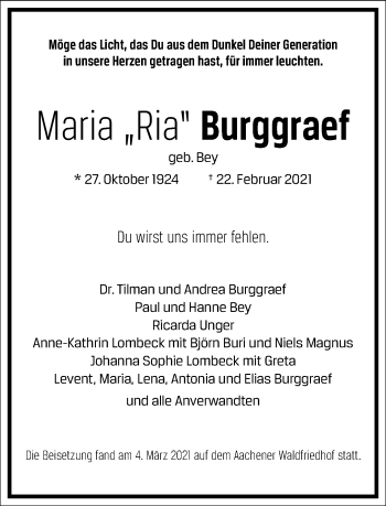 Traueranzeige von Maria Burggraef von Frankfurter Allgemeine Zeitung