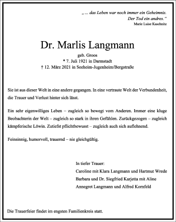 Traueranzeige von Marlis Langmann von Frankfurter Allgemeine Zeitung