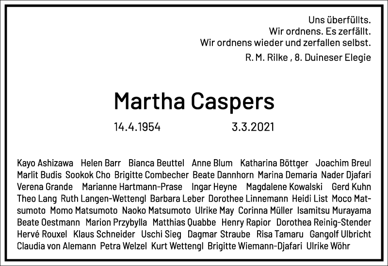  Traueranzeige für Martha Caspers vom 13.03.2021 aus Frankfurter Allgemeine Zeitung