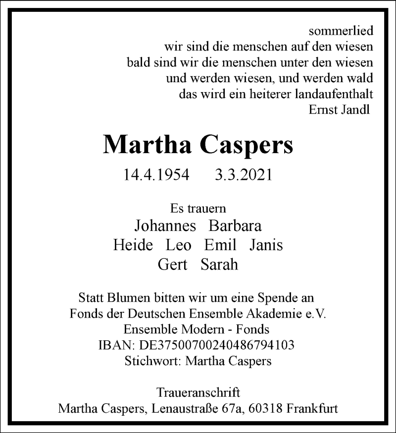  Traueranzeige für Martha Caspers vom 13.03.2021 aus Frankfurter Allgemeine Zeitung