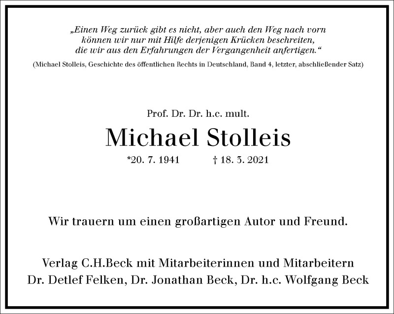  Traueranzeige für Michael Stolleis vom 27.03.2021 aus Frankfurter Allgemeine Zeitung