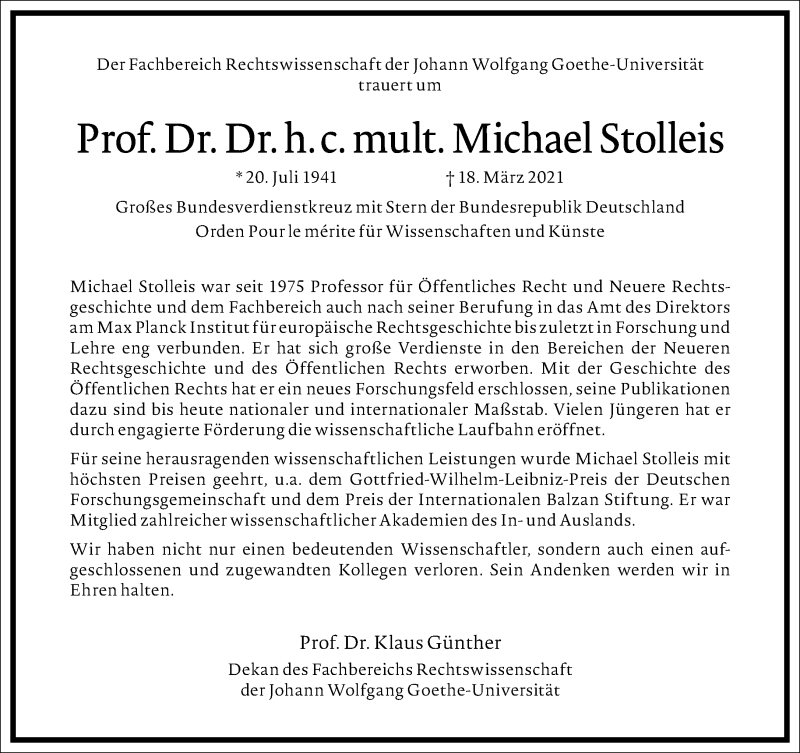  Traueranzeige für Michael Stolleis vom 27.03.2021 aus Frankfurter Allgemeine Zeitung