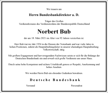 Traueranzeige von Norbert Bub von Frankfurter Allgemeine Zeitung