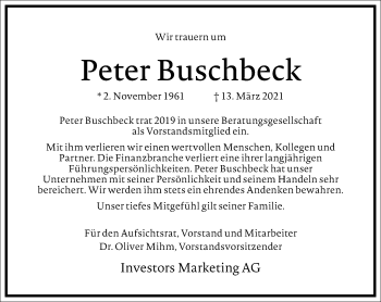 Traueranzeige von Peter Buschbeck von Frankfurter Allgemeine Zeitung