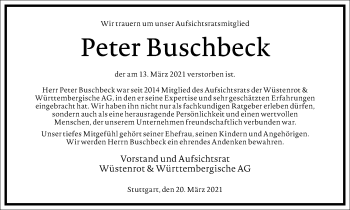 Traueranzeige von Peter Buschbeck von Frankfurter Allgemeine Zeitung