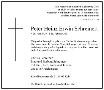 Traueranzeige von Peter Heinz Erwin Schreinert von Frankfurter Allgemeine Zeitung