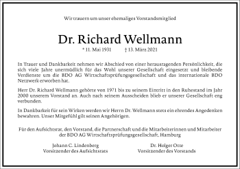 Traueranzeige von Richard Wellmann von Frankfurter Allgemeine Zeitung