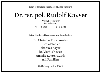 Traueranzeige von Rudolf Kayser von Frankfurter Allgemeine Zeitung